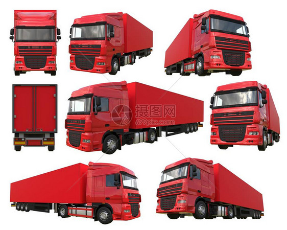设置装有半拖车的大红色卡车图片