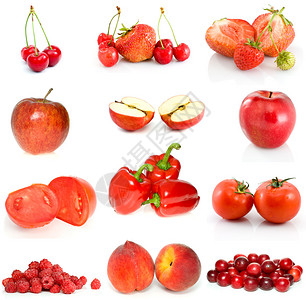 白色背景中分离的一组红色水果图片