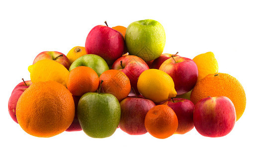 红苹果绿苹果橘子和柠檬在白色图片
