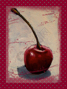 我的油画着明亮的红樱桃挂在红色图片
