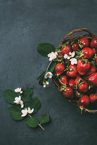 美丽的茉莉花和鲜熟的草莓在黑图片