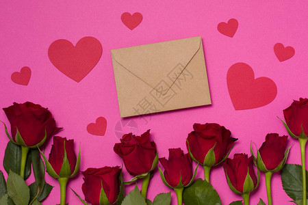 情人节背景无缝的粉红背景以及红玫瑰信封免费背景图片