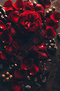 上面是美丽的红玫瑰花瓣和配有栗子图片