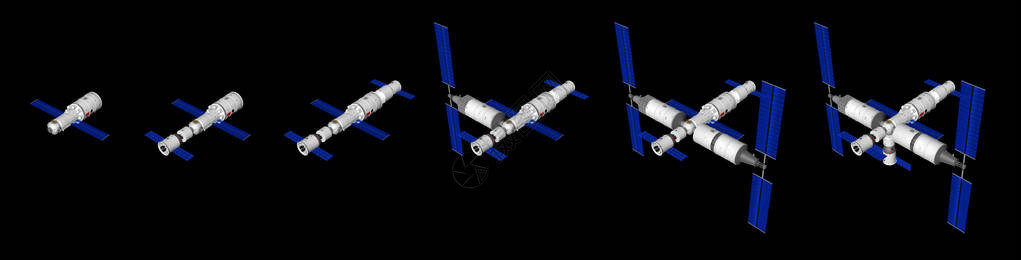 天宫三号空间站与天河核心舱神舟载人飞船和自动天舟补给车在黑色背景上的组装顺序图片