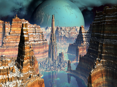 由远方的外星城市环绕在巨大的悬崖岩层内从上方看图片