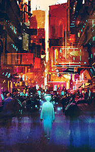 光辉的蓝色男子行走在未来的城市用多彩的光线图片