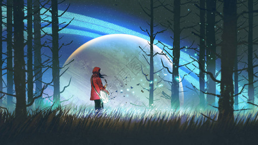 年轻女在森林里弹吉他在背景数字艺术风格插图画上对抗发光星球的夜景图片