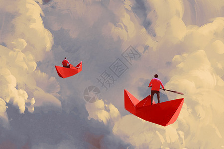 男子在折纸红船上漂浮在多云的天图片