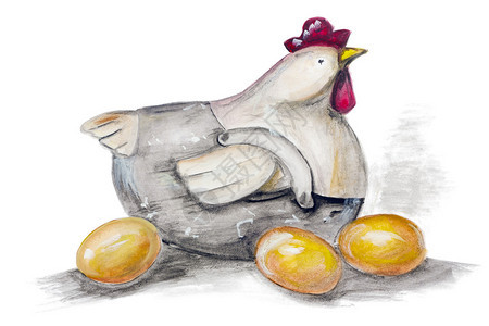 坐在金蛋上的复活节鸡在白纸艺术背景上手工制作的丙烯香画插图片
