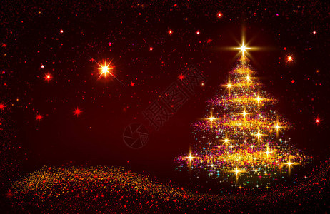 圣诞树的灯光在红星天空图片