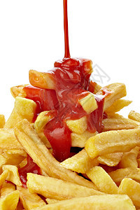 炸薯条和番茄酱贴在白色上图片