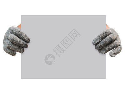 工人戴着手套的手拿着灰色板隔离在白色背景背景图片