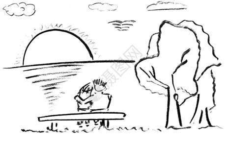 素描传单看日落的恩爱夫妻铅笔素描背景