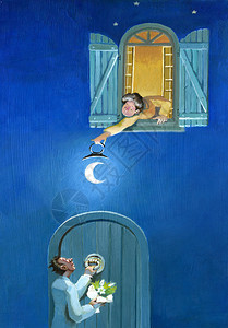 一个女人从窗户向外倾斜来照亮一个用月亮作为图片