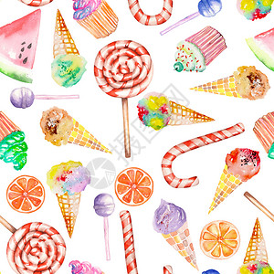 与棒糖果手杖冰淇淋松饼等的无缝甜美图案在白色背景图片