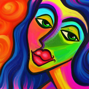 以闪亮的抽象彩色划线画出一幅独身女脸图片