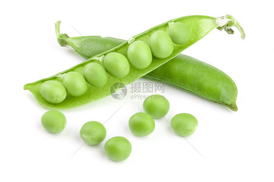 在白色背景隔绝的新鲜的绿色豌豆荚图片