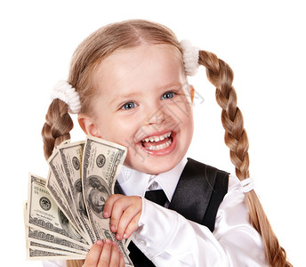 有钱的快乐小女孩孤立图片