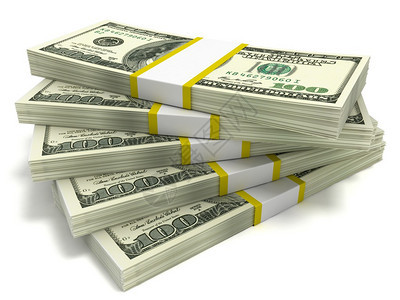 五叠百元钞票在白色背景上的特写背景图片