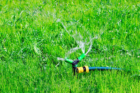 草坪洒水器在绿草场上喷水的特写镜头灌溉系统图片