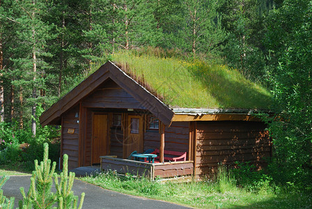 斯堪的纳维亚露营在夏天拍摄森林里有小房子图片