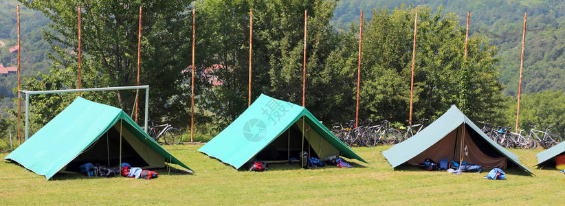 3个绿色帐篷由童子军在草地上架背景图片