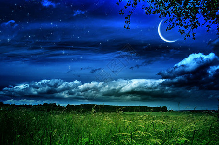 夜色风景山月青绿地星在图片