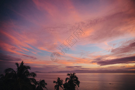 泰国克拉比棕榈树和日落时美丽的风景海的浅影图片
