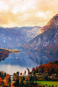 Alps的Bohinj湖空中观察图片