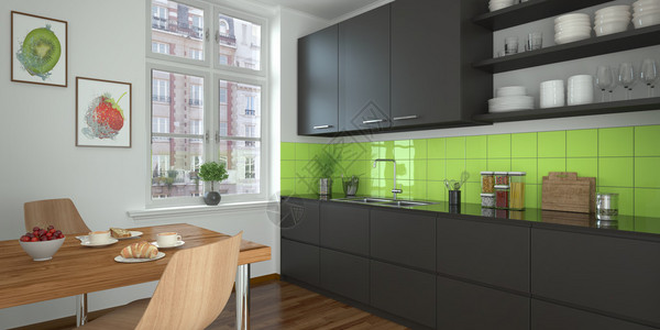 现代厨房的3d渲染黑色图片