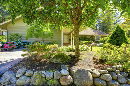 美丽的前花园有石头和灌木背景图片