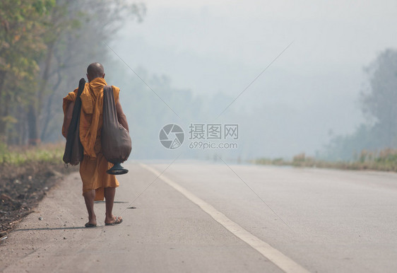 佛教和尚在森林中走上道路作为图片