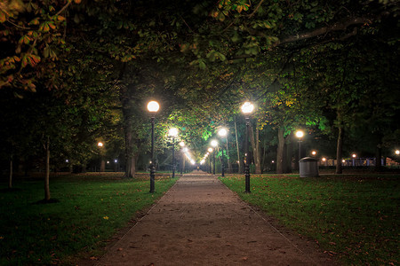 爱沙尼亚塔林Kadriorg公园的一条通道的夜景这个广阔的公园被旧灯图片