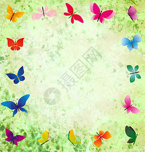 绿色grunge背景与五颜六色的蝴蝶框架背景图片