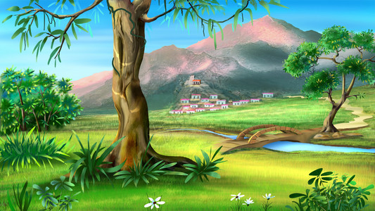 黄昏的天空.在山脚上大树和村庄的溪流上一座小桥插画