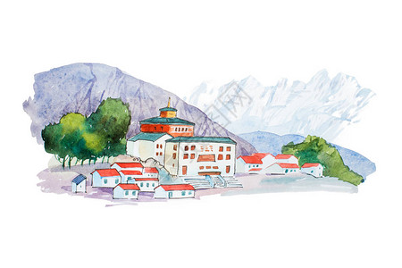 山水彩画中的欧洲小村庄图片
