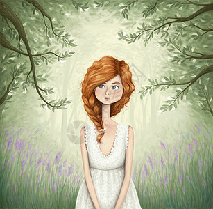一个可爱的姜黄头发女孩在美丽的森林中行走的数图片