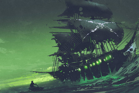 深夜海盗鬼船在海上的景象图片