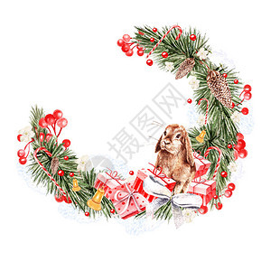 假日水彩圣诞花环插图图片