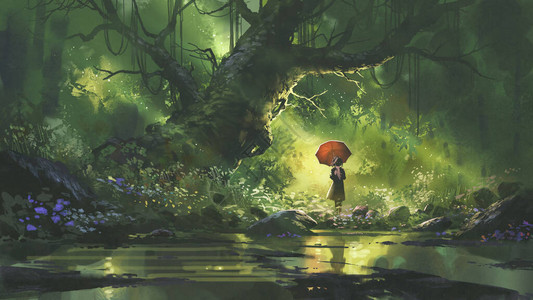 神秘女人有雨伞站在森林里数字艺术风背景图片