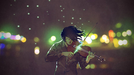 在夜城户外玩魔术小提琴的人数字艺术图片