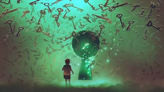 小男孩站在钥匙孔前绿光和许多钥匙漂绕着他数字艺术风格图片