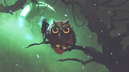 巨型猫头鹰及其主人站在夜林的树枝上绿色天空数字艺术风背景图片