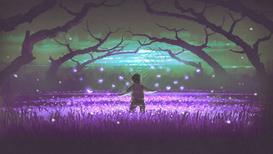 美妙的夜晚风景展示一个男孩站在紫花园里带着发光的昆虫数字艺术风图片