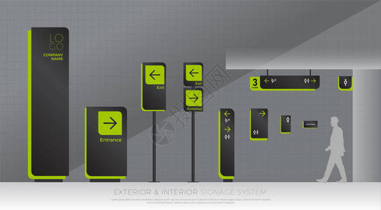 外部和内部标牌系统方向杆壁挂和交通标志系统设计模板集用于标识文本绿色和黑色企业标背景图片