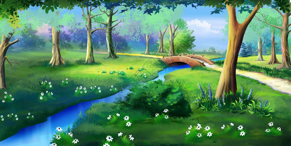 小河上的小桥的田园风光公园水附近的灌木和鲜花数字绘画背景图片