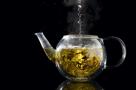用玻璃茶壶冲泡新鲜绿茶图片