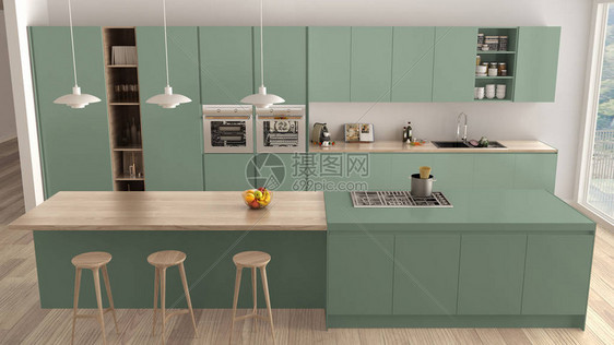 现代最起码的绿色和木制厨房图片
