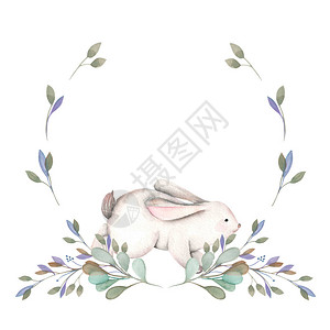 说明带水彩兔子花圈和绿树枝的插图在白色背景上分离的手图片