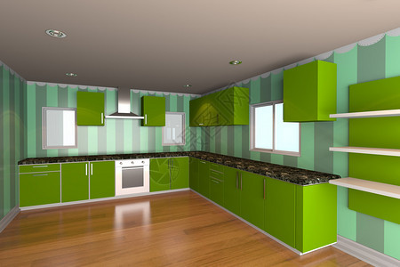 装配绿色壁纸和木质地板的最小厨房理想是内衣设计背景info图片